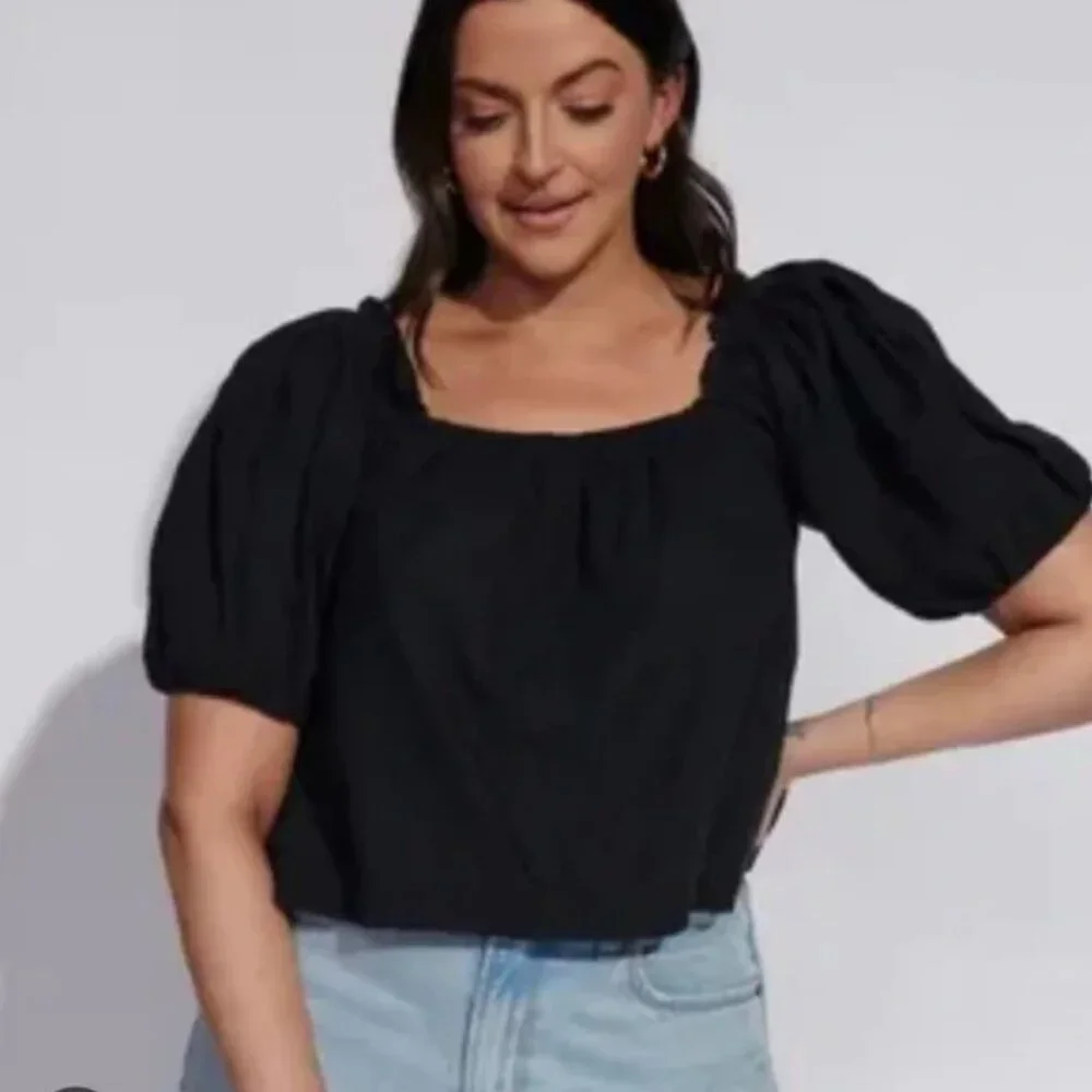 Abercrombie & Fitch x Tia Booth Black Linen Poof Sleeve Crop Top Size Large - Picture 5 of 5